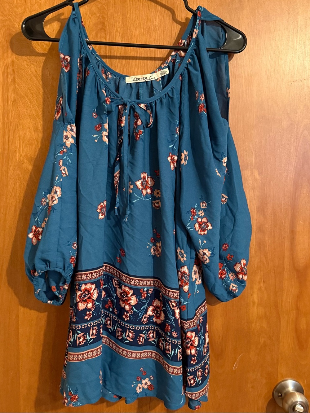 Liberty Love Teal Floral Cold-Shoulder Boho Tunic